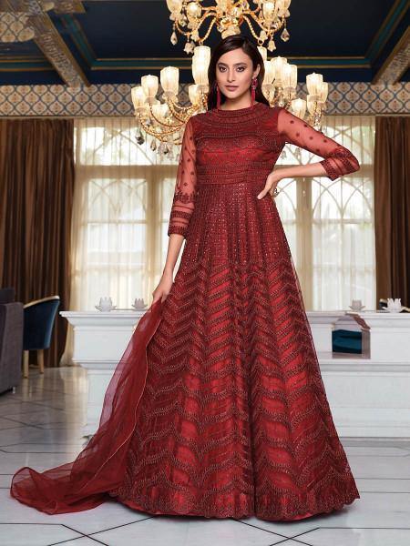 Myra Maroon Net Embroidery Gown | Swadesiicart