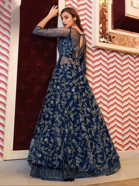 Myra Navy Blue Net Embroidery Gown | Swadesiicart