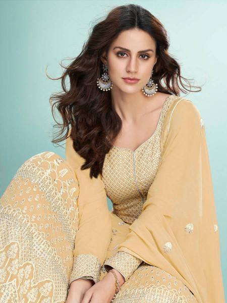 Myra Dusty Yellow Georgette Embroidered Anarkali Suit | Swadesiicart