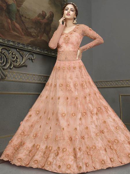 Myra Peach Soft Net Embroidered Handwork Gown Style Suit | Swadesiicart