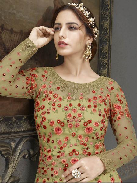 Myra Green Soft Net Embroidered Handwork Gown Style Suit | Swadesiicart