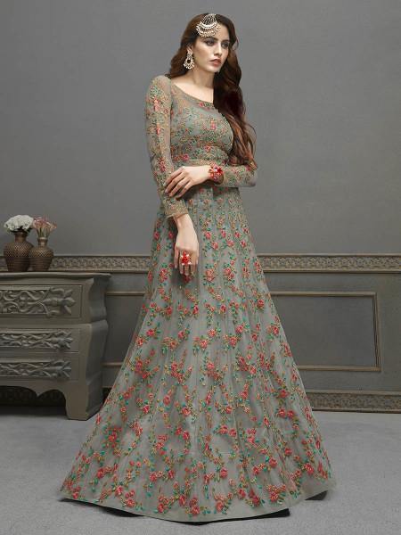Myra Grey Soft Net Embroidered Handwork Gown Style Suit | Swadesiicart