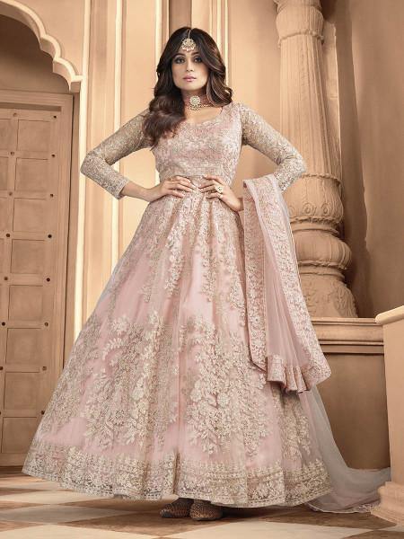 Myra Dusty Pink Butterfly Net Embroidered Anarkali Suit | Swadesiicart