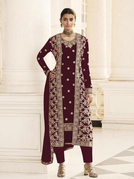 Myra Maroon Jacket style Heavy Embroidered Suit | Swadesiicart