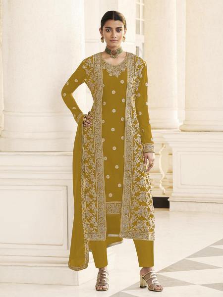Myra Mustard Yellow Jacket style Heavy Embroidered Suit | Swadesiicart