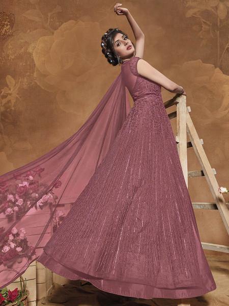 Myra Dusty Pink Heavy Embroidered Butterfly Net Anarkali Suit | Swadesiicart