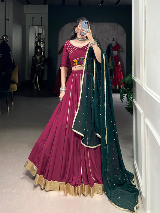 Lorenvalley Ranipink Pure Rayon Embossed Design With Gotta Patti Lace Touch Up Lehenga Choli with Dupatta | Swadesiicart