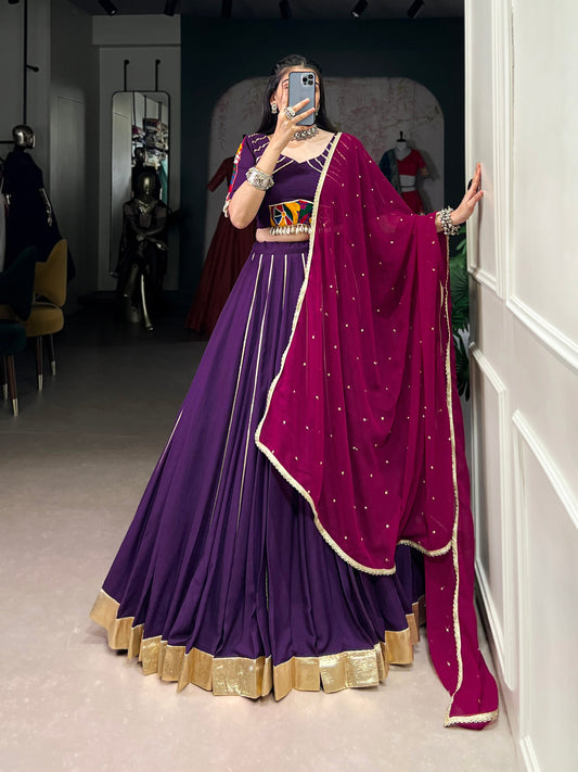 Lorenvalley Purple Pure Rayon Embossed Design With Gotta Patti Lace Touch Up Lehenga Choli with Dupatta