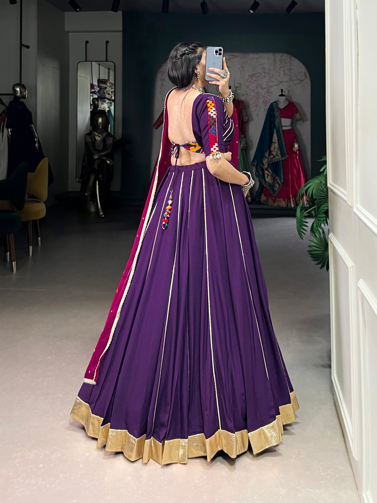 Lorenvalley Purple Pure Rayon Embossed Design With Gotta Patti Lace Touch Up Lehenga Choli with Dupatta | Swadesiicart