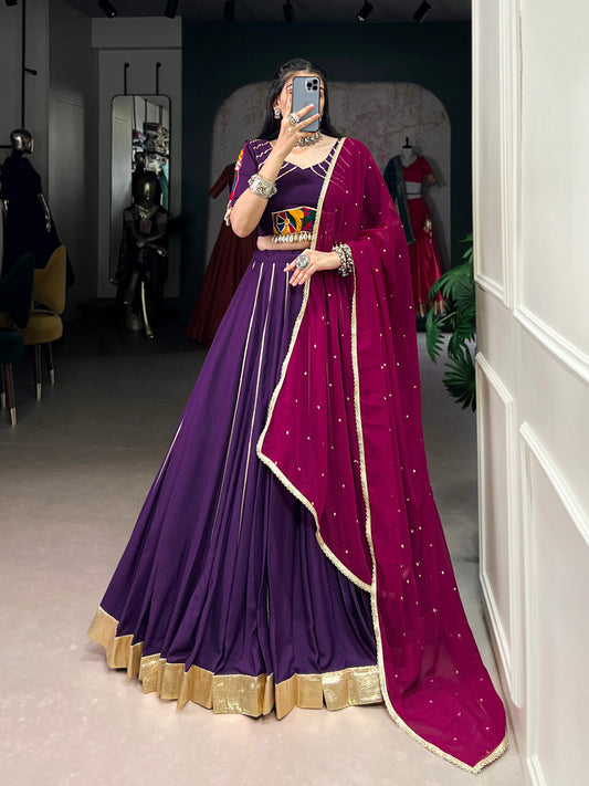 Lorenvalley Purple Pure Rayon Embossed Design With Gotta Patti Lace Touch Up Lehenga Choli with Dupatta | Swadesiicart