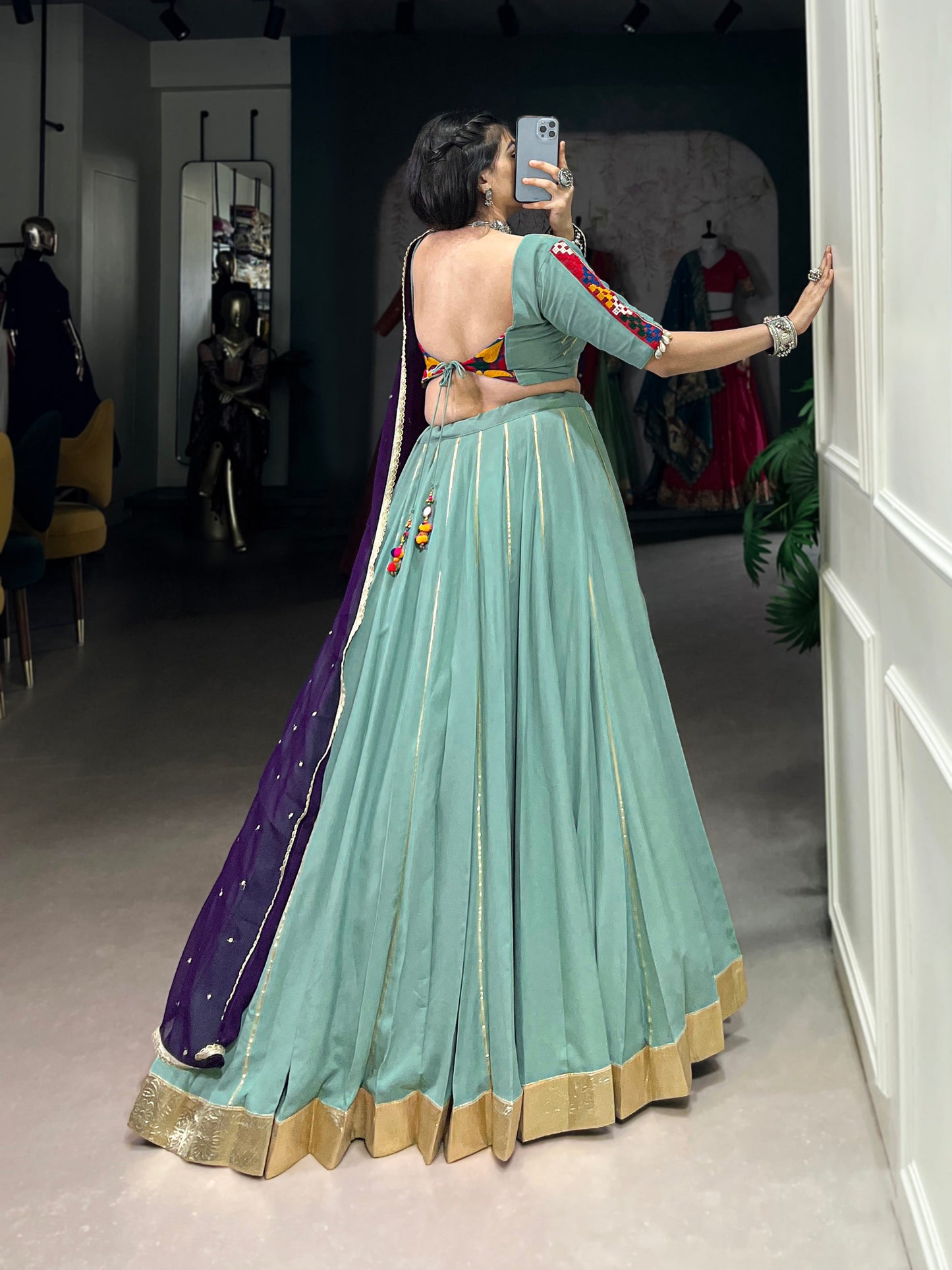 Lorenvalley Seagreen Pure Rayon Embossed Design With Gotta Patti Lace Touch Up Lehenga Choli with Dupatta | Swadesiicart