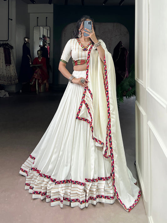 Lorenvalley Fashion White Pure Rayon Original Mirror Gamthi Work With Gotta Patti Lace Touch Up Lehenga Choli with Dupatta
