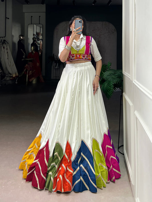 Lorenvalley Fashion White Rayon Multi Colour Patch With Lace Touch Up Lehenga Choli with Koti - Swadesiicart