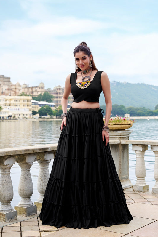 Lorenvalley Fashion Black Pure Rayon Plain Frill Lehenga Choli with Koti - Swadesiicart