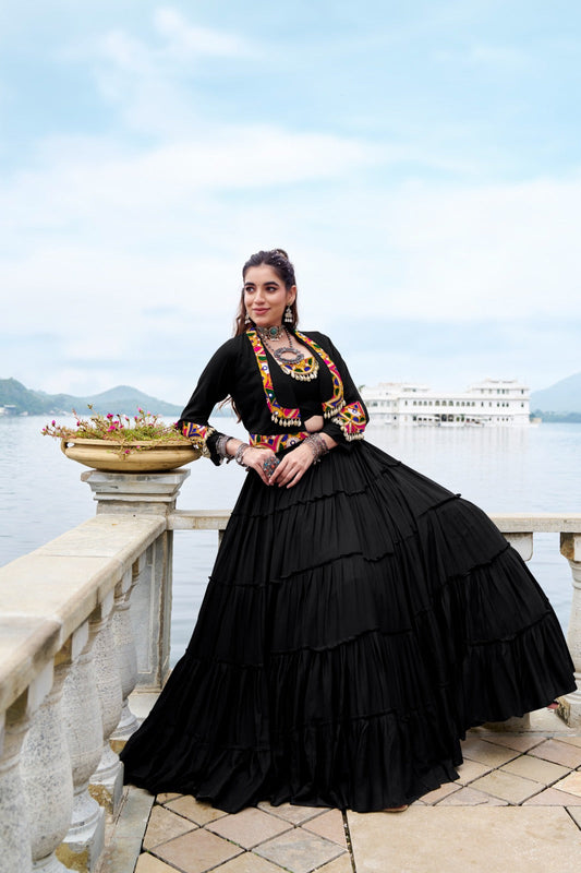 Lorenvalley Fashion Black Pure Rayon Plain Frill Lehenga Choli with Koti - Swadesiicart