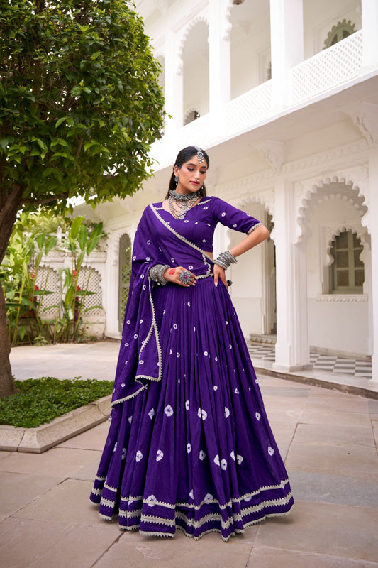 Lorenvalley Fashion Purple Pure Chanderi Bandhej Print With Lace Touch Up Lehenga Choli with Dupatta - Swadesiicart