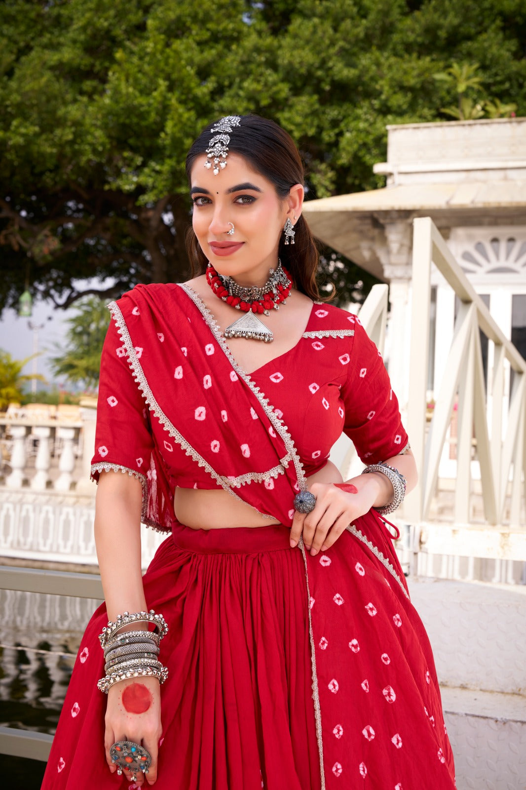 Lorenvalley Fashion Red Pure Chanderi Bandhej Print With Lace Touch Up Lehenga Choli with Dupatta - Swadesiicart
