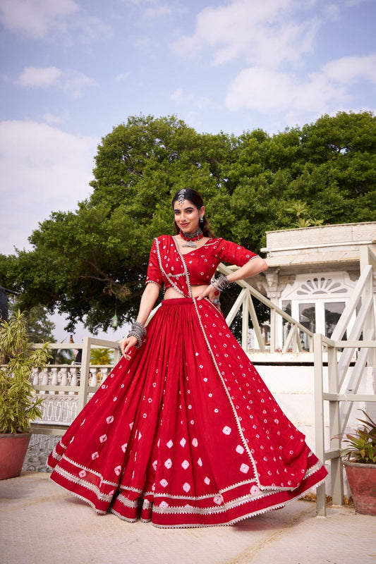 Lorenvalley Fashion Red Pure Chanderi Bandhej Print With Lace Touch Up Lehenga Choli with Dupatta - Swadesiicart