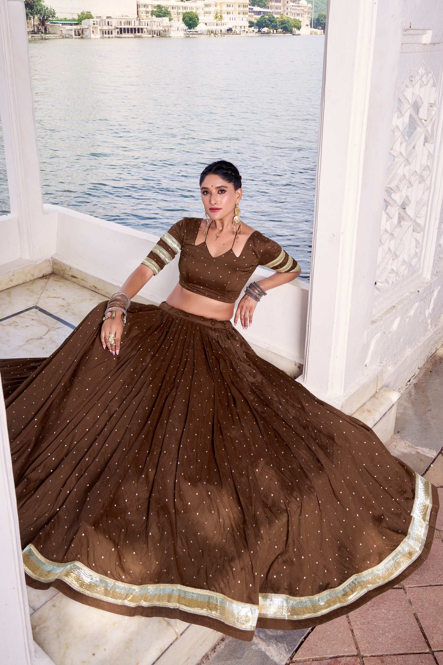 Lorenvalley Fashion Brown Pure Chanderi Zari Weaving Work With Embossed Design Lace Touch Up Lehenga Choli with Dupatta - Swadesiicart