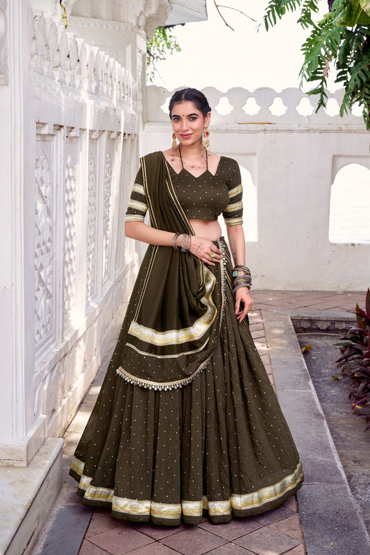 Lorenvalley Fashion Mahendi Pure Chanderi Zari Weaving Work With Embossed Design Lace Touch Up Lehenga Choli with Dupatta - Swadesiicart
