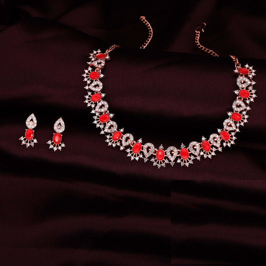 Tehzeeb Creations Red Colour Ad Studded Necklace Jewellery Set With Matching Earrings For Women And Girls - Swadesiicart