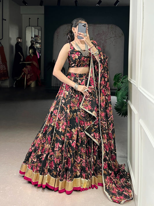 Lorenvalley Fashion Black Chiffon Floral Print and Foil Print with Embossed Design with Gotta Patti Lace Touch Up Lehenga Choli with Dupatta - Swadesiicart