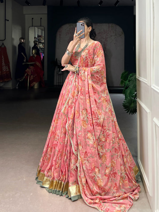 Lorenvalley Fashion Peach Chiffon Floral Print and Foil Print with Embossed Design with Gotta Patti Lace Touch Up Lehenga Choli with Dupatta - Swadesiicart