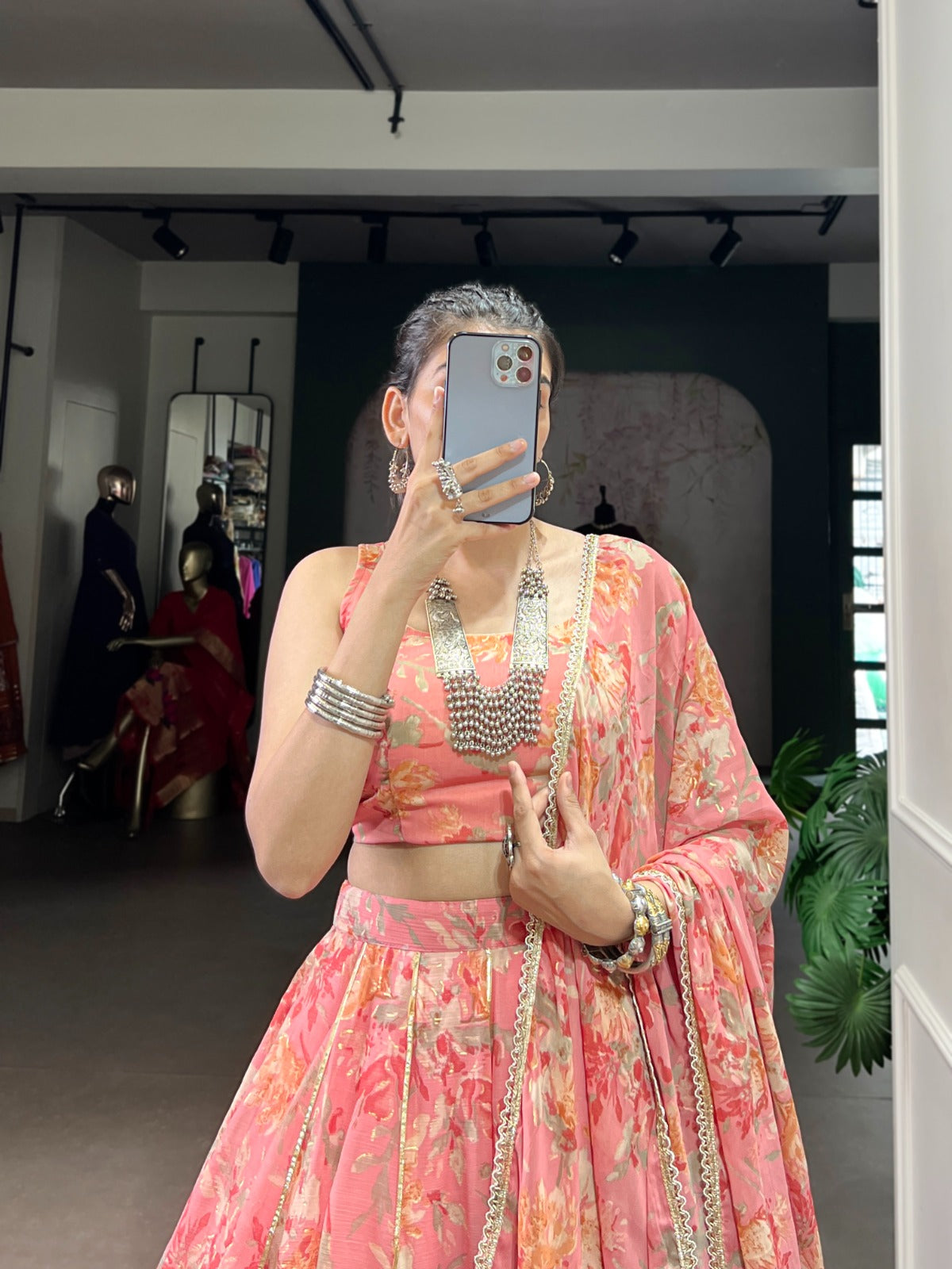 Lorenvalley Fashion Peach Chiffon Floral Print and Foil Print with Embossed Design with Gotta Patti Lace Touch Up Lehenga Choli with Dupatta - Swadesiicart