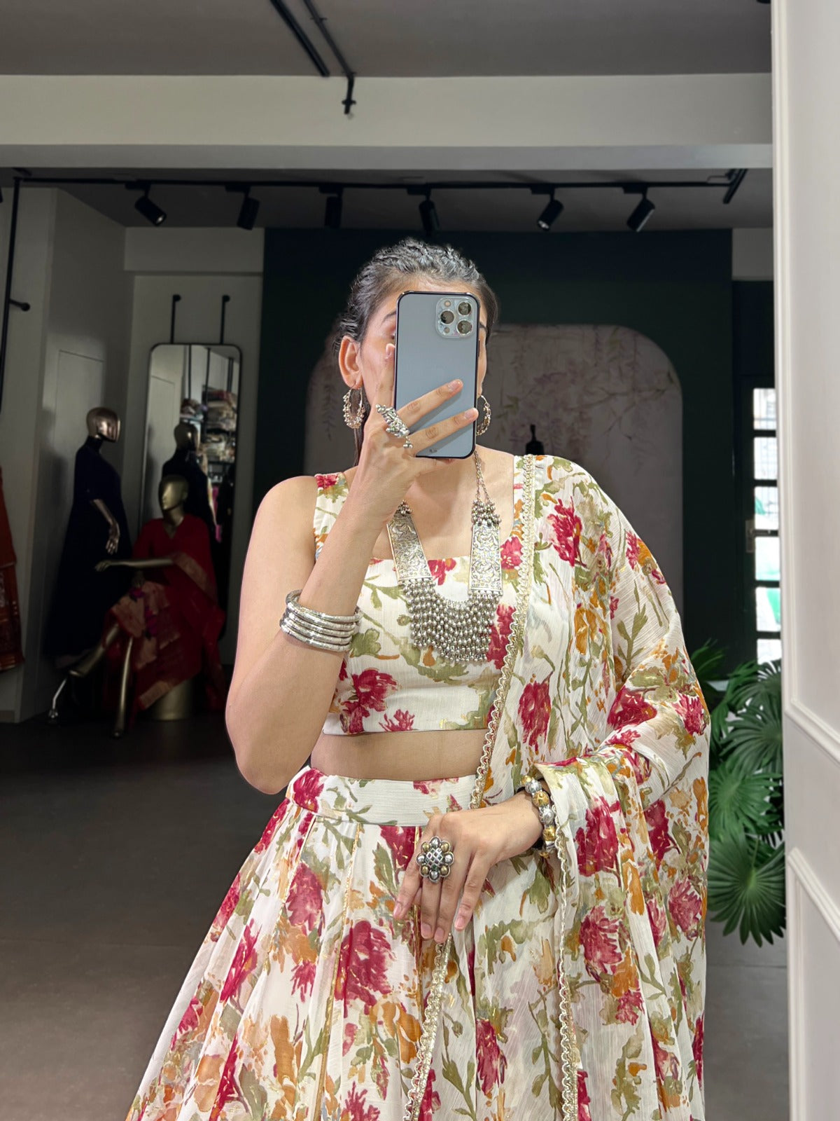 Lorenvalley Fashion White Chiffon Floral Print and Foil Print with Embossed Design with Gotta Patti Lace Touch Up Lehenga Choli with Dupatta - Swadesiicart