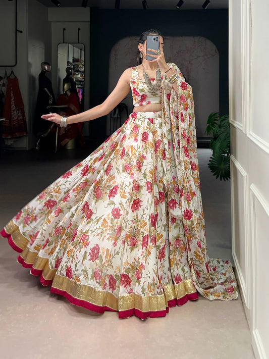Lorenvalley Fashion White Chiffon Floral Print and Foil Print with Embossed Design with Gotta Patti Lace Touch Up Lehenga Choli with Dupatta - Swadesiicart