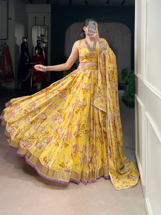 Lorenvalley Fashion Yellow Chiffon Floral Print and Foil Print with Embossed Design with Gotta Patti Lace Touch Up Lehenga Choli with Dupatta - Swadesiicart