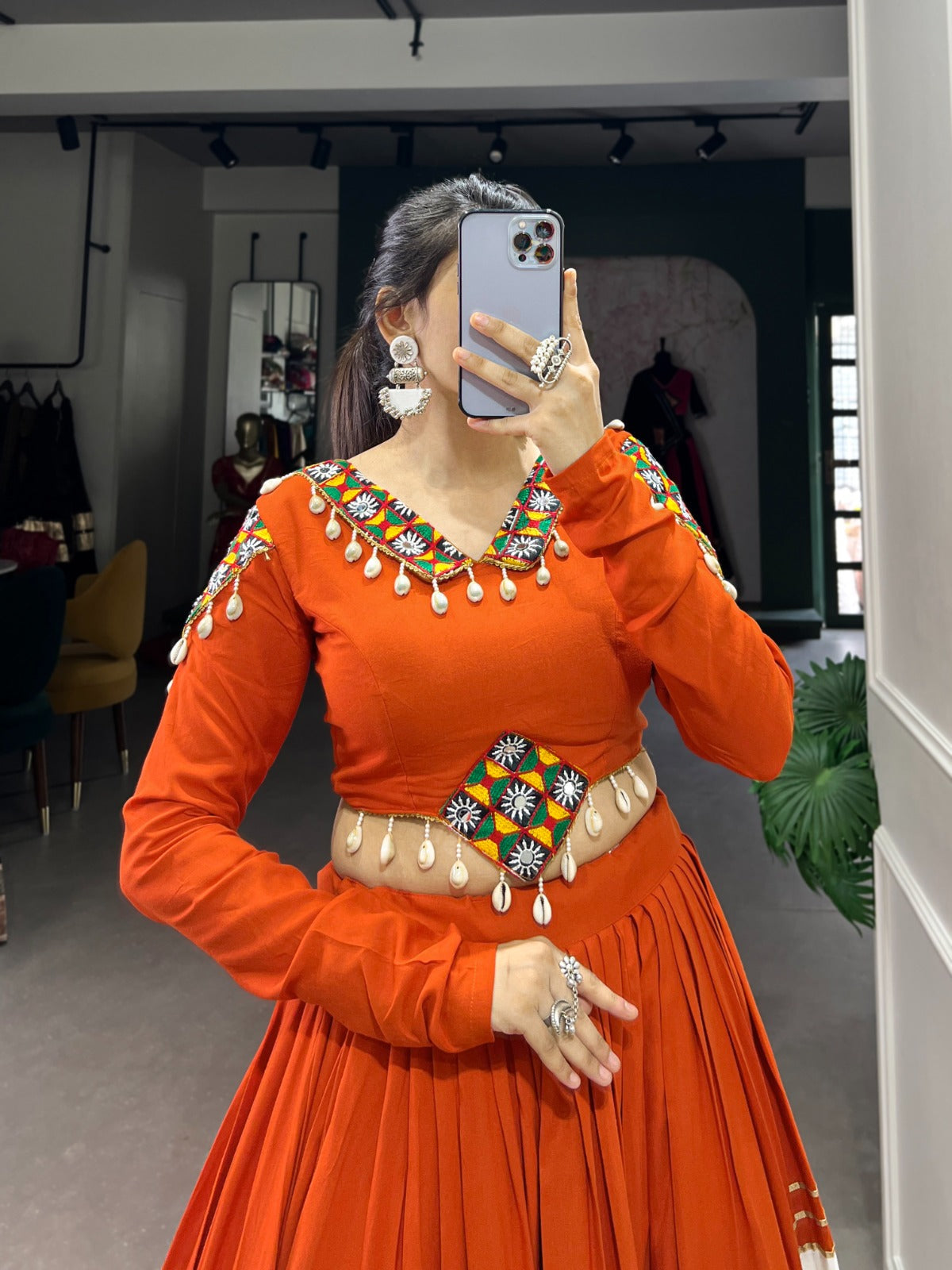 Lorenvalley Fashion Orange Pure Rayon Plain And Gamthi Patch Work With Gota Patti Touch Up Lehenga Choli | Swadesiicart