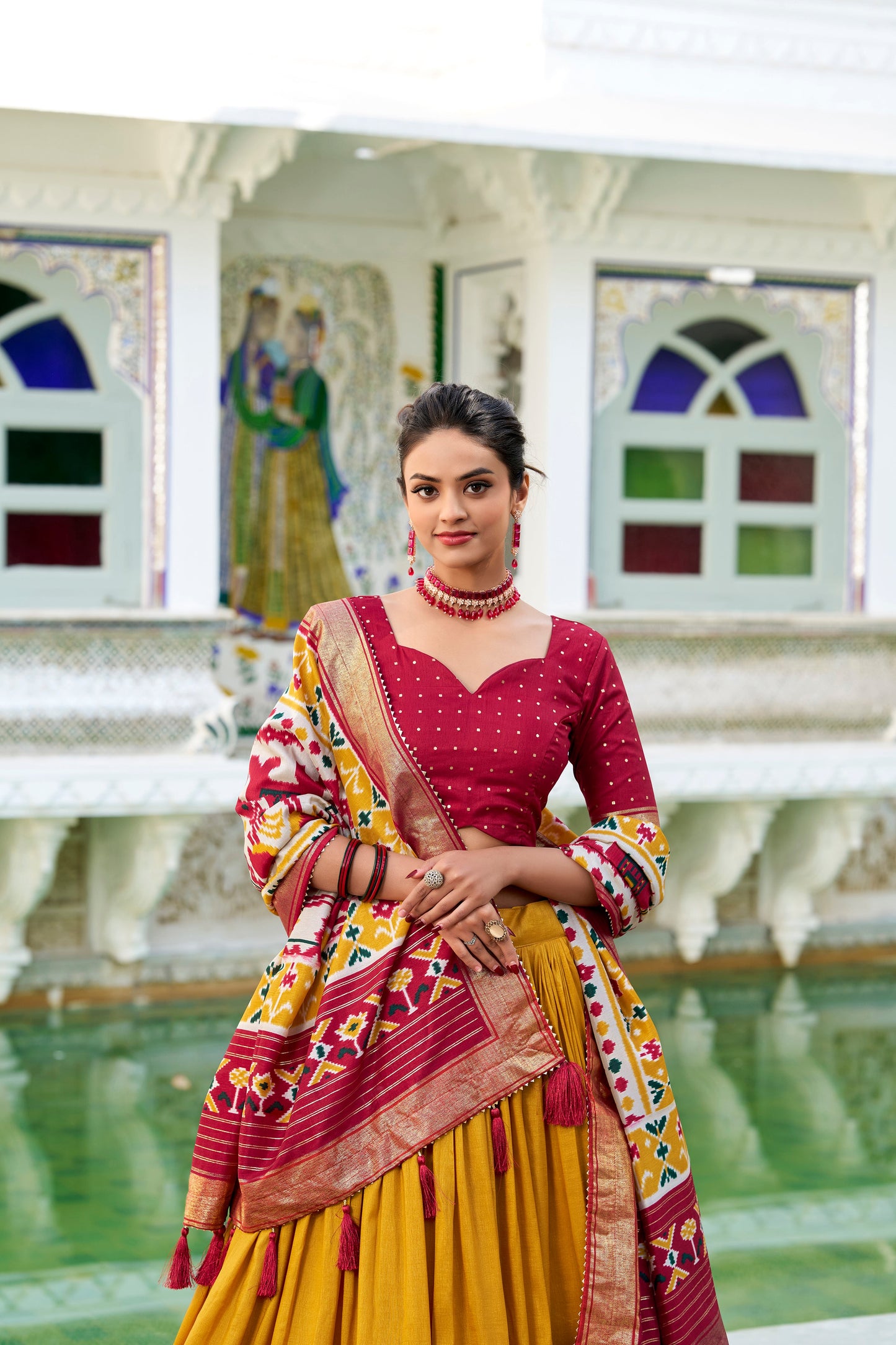 Lorenvalley Mustard Tussar Silk Patola Print With foil work Lehenga Choli | Swadesiicart
