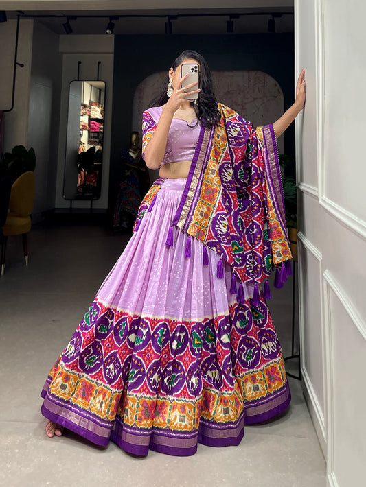 Lorenvalley Lavender Tussar Silk Patola Print With foil work Lehenga Choli with Dupatta | Swadesiicart
