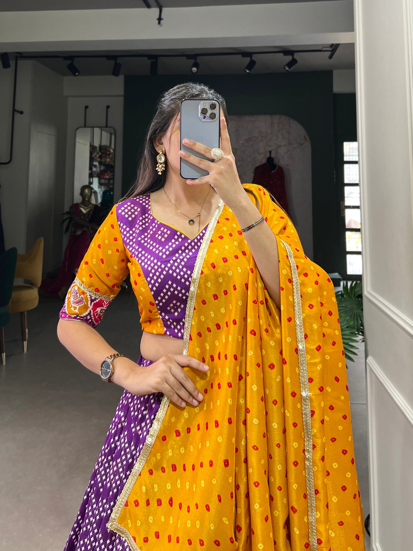 Lorenvalley Purple Tussar Silk Bandhej and Patola Print with Foil Work Lehenga Choli with Dupatta | Swadesiicart