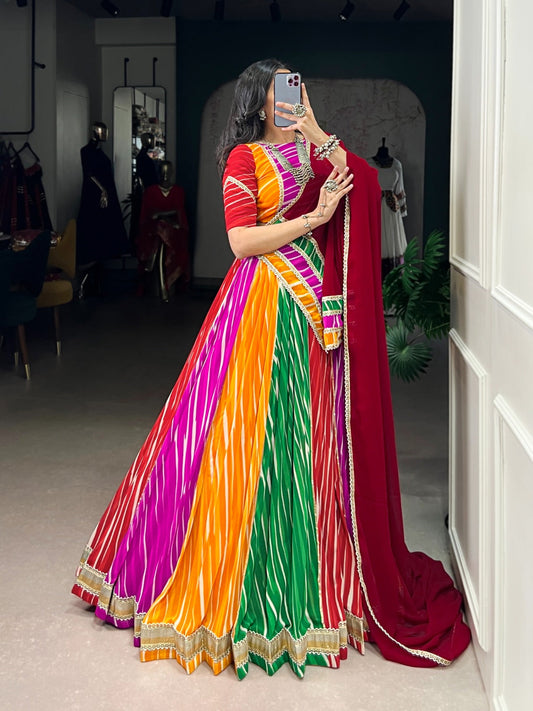 Lorenvalley Fashion Multicolor Georgette Leheriya Print with Embossed Design Lace Touch Up Lehenga Choli with Dupatta | Swadesiicart