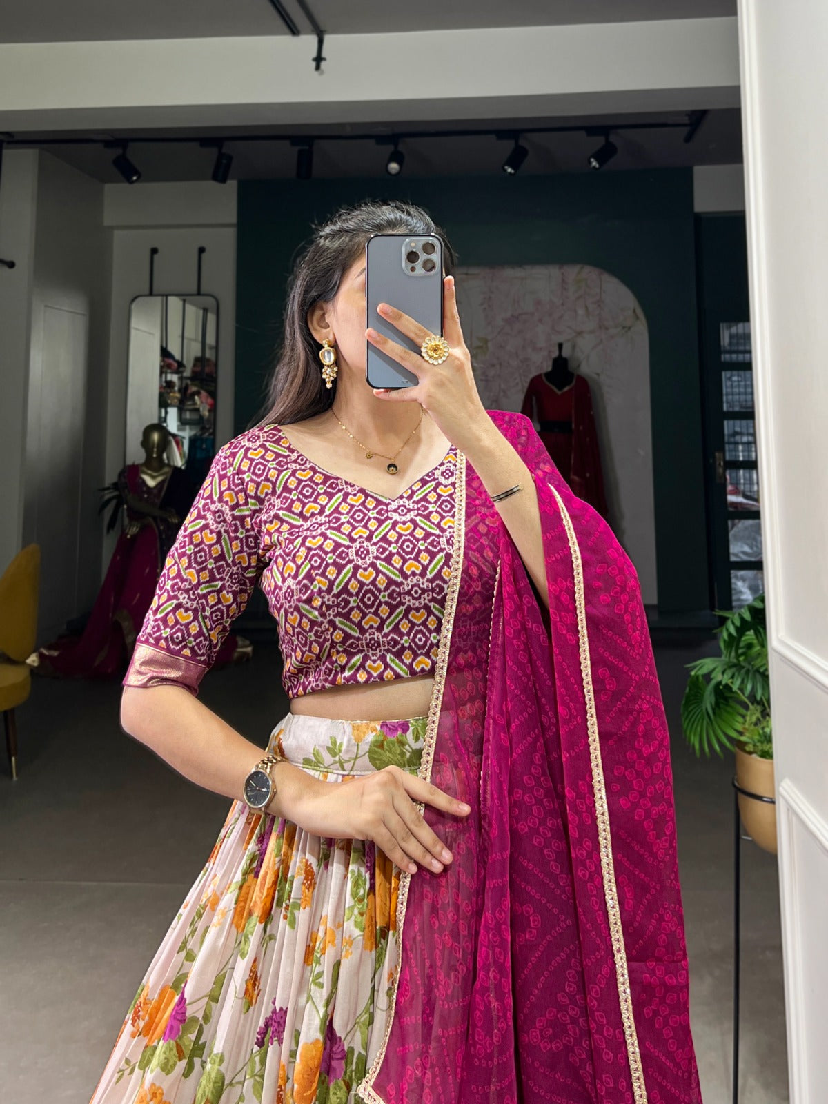 Lorenvalley Fashion Multicolor Tasar Silk Floral and Patola Print with Foil Work Lehenga Choli with Dupatta | Swadesiicart