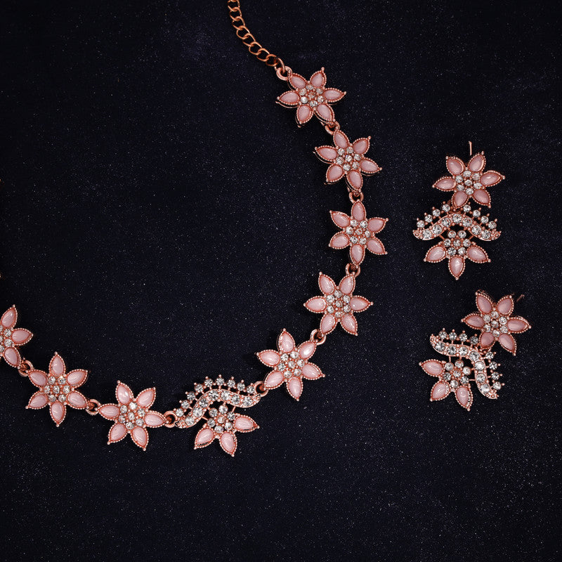 Tehzeeb Creations Baby Pink Colour Star Design Stone Studded Necklace With Earrings - Swadesiicart