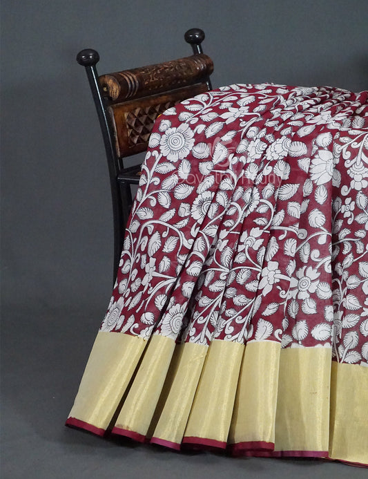 Gleaming Dark Maroon Kalamkari Cotton Linen Printed Saree By Gayathri Reddy Designer Studio | Swadesiicart
