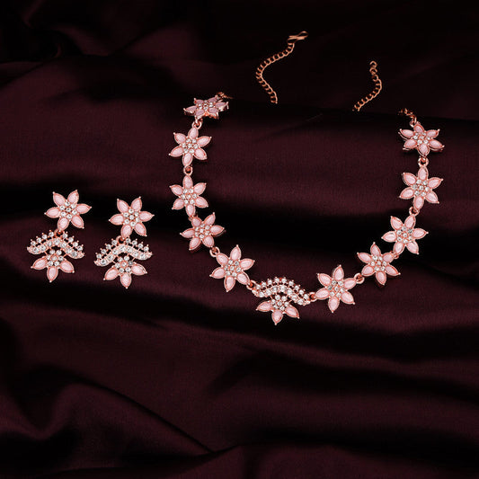 Tehzeeb Creations Baby Pink Colour Star Design Stone Studded Necklace With Earrings - Swadesiicart