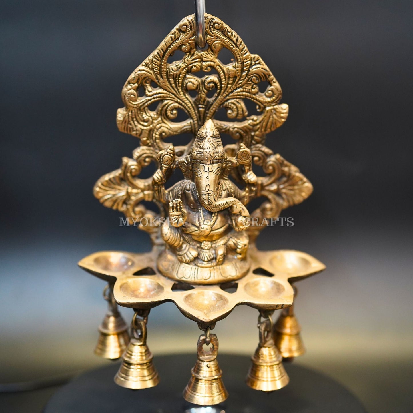 Brass Ganesha Wall Diya: Five Oil Wick - Swadesiicart
