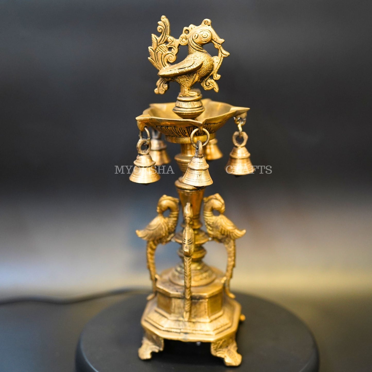 Brass Peacock Diya with Five Oil Wicks and Bells - Swadesiicart