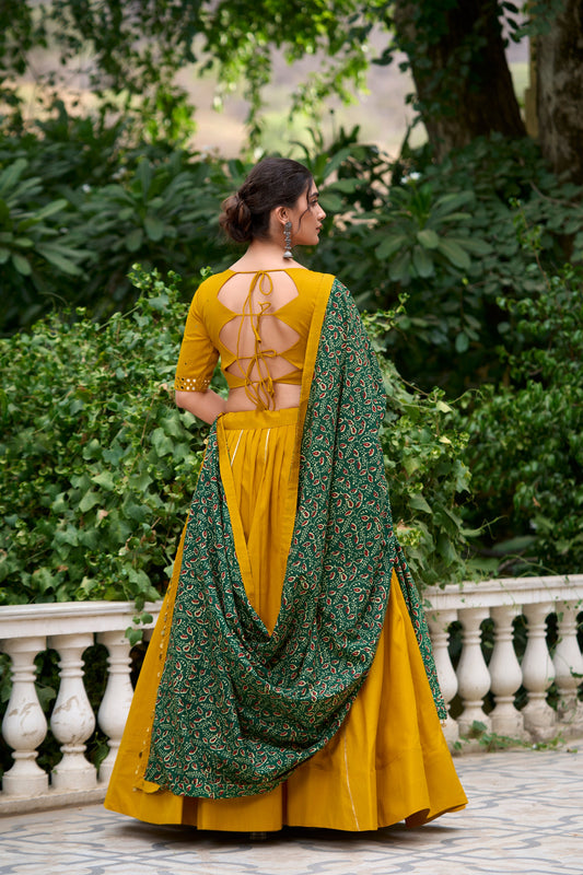 Lorenvalley Mustard Pure Cotton Plain With Gota Patti Touch Up Lehenga Choli | Swadesiicart