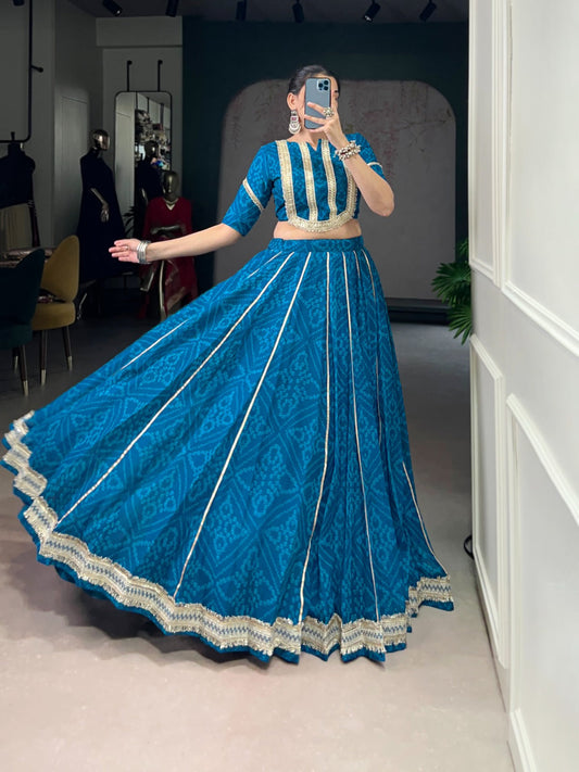 Lorenvalley Fashion Firozi Chiffon Bandhej Print with Sequins and Gotta Patti Lace Touch Up Lehenga Choli - Swadesiicart