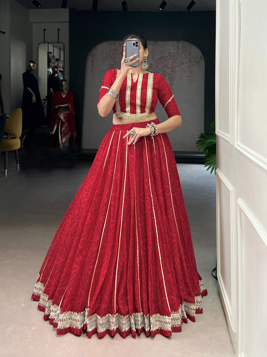 Lorenvalley Fashion Red Chiffon Bandhej Print with Sequins and Gotta Patti Lace Touch Up Lehenga Choli | Swadesiicart