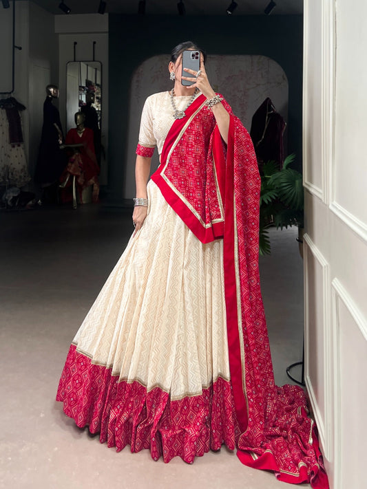 Lorenvalley Fashion Offwhite Cotton Zigzag and Bandhej Print With Sequins Lace Touch Up Lehenga Choli with Dupatta - Swadesiicart