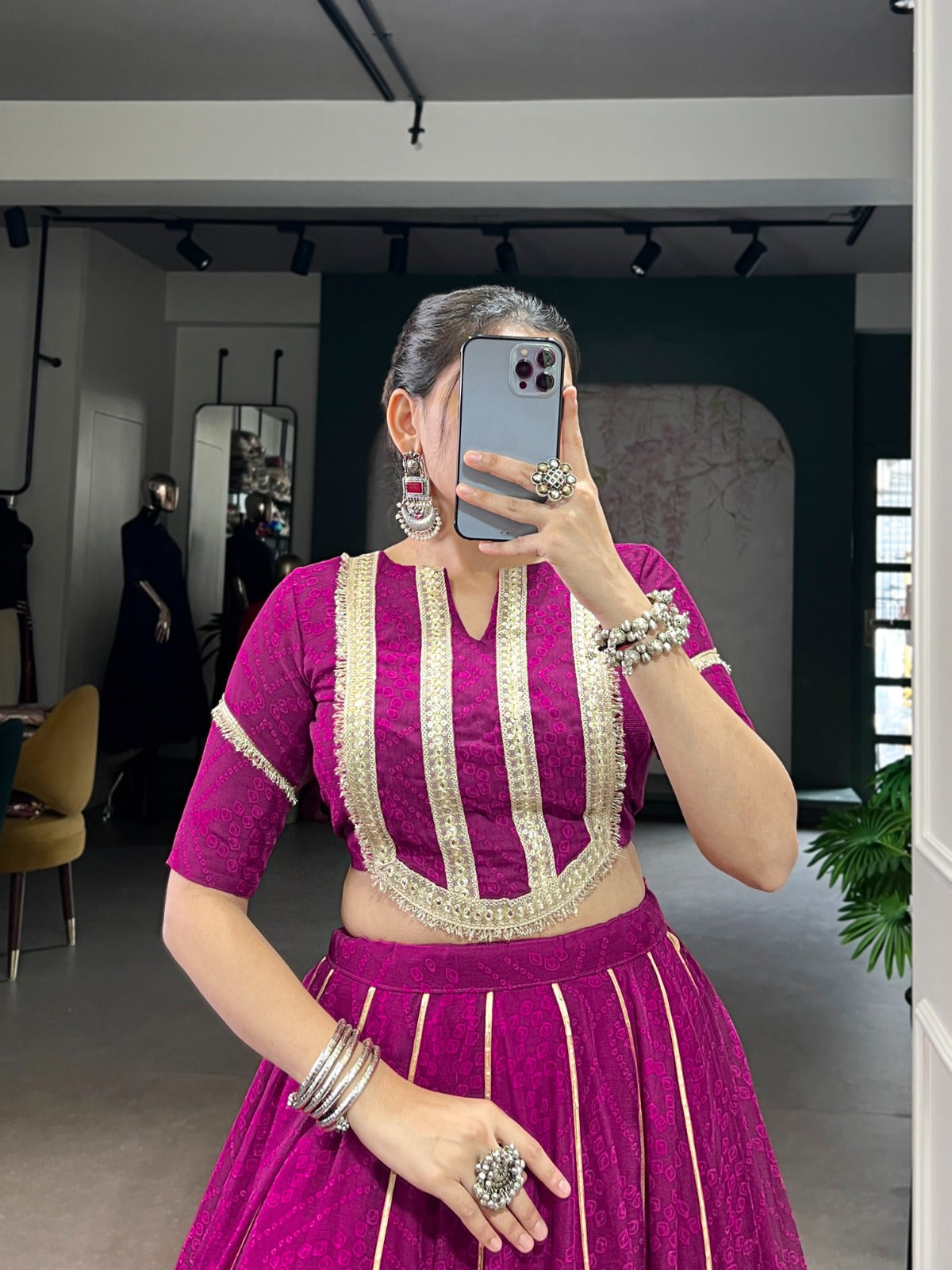 Lorenvalley Fashion Wine Chiffon Bandhej Print with Sequins and Gotta Patti Lace Touch Up Lehenga Choli - Swadesiicart