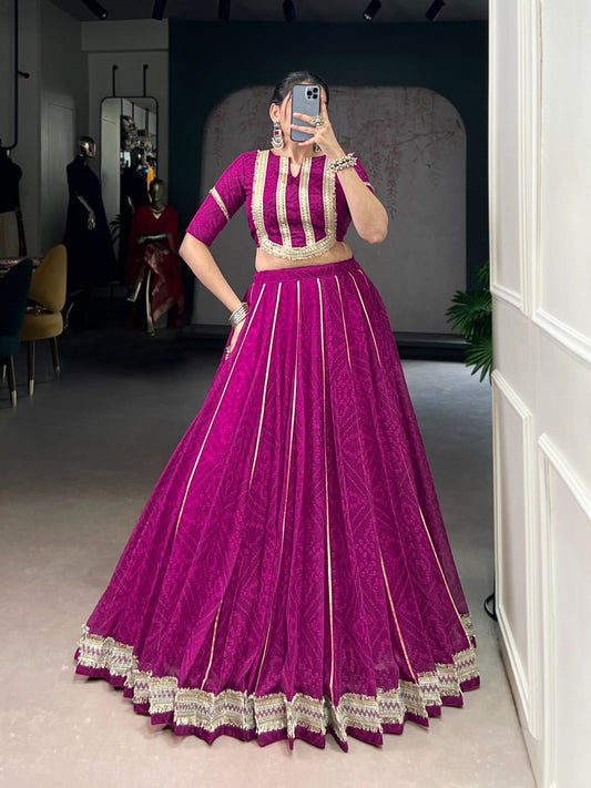 Lorenvalley Fashion Wine Chiffon Bandhej Print with Sequins and Gotta Patti Lace Touch Up Lehenga Choli - Swadesiicart