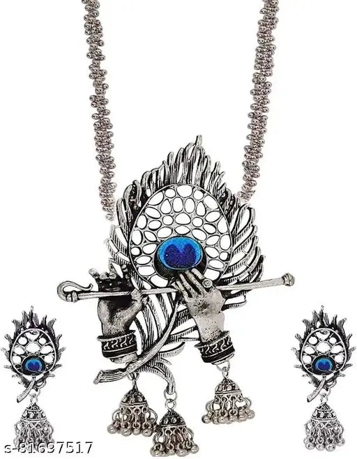 Tehzeeb Creations Women's Silver Colour Oxidised Necklace And Earring Bansuri Design - Swadesiicart