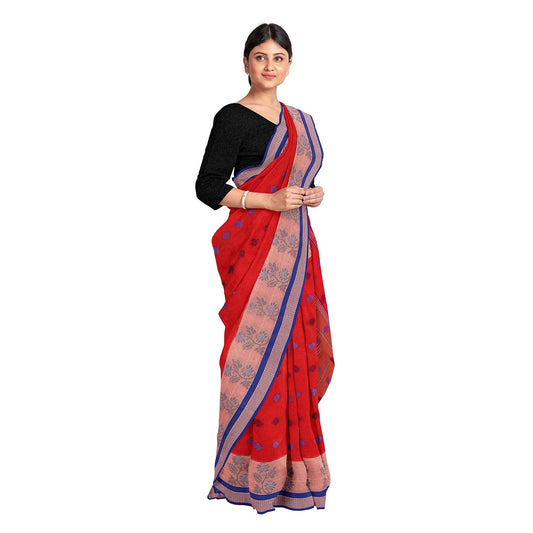 Exclusive Collection 100% Pure Cotton Red Tant Saree With Hand Weaving Work - Swadesiicart